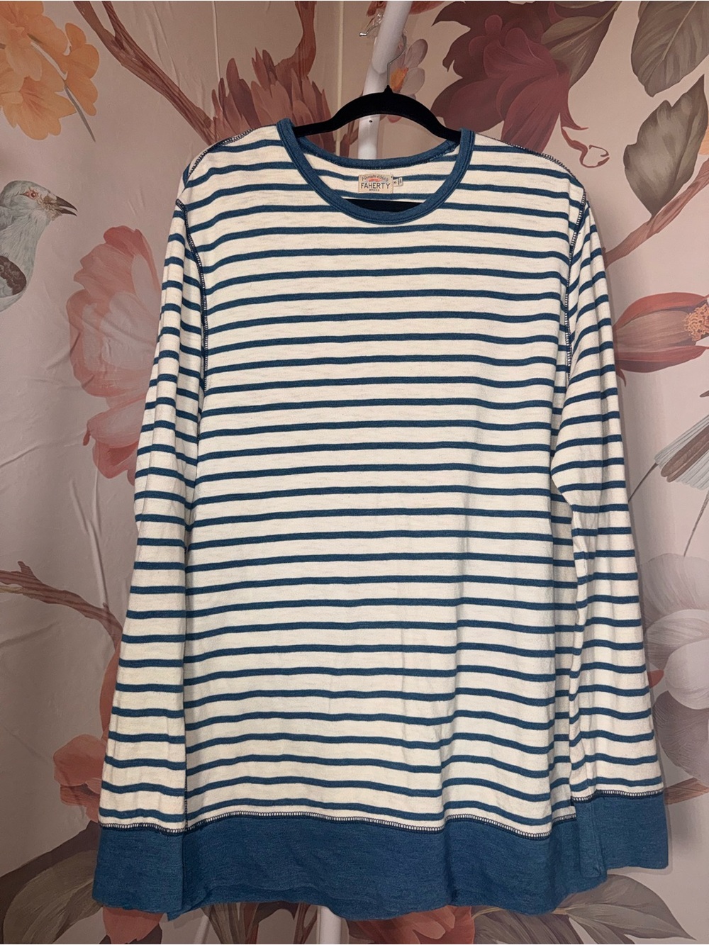 Faherty Men’s Blue & White Striped Cotton Crewneck Sweater - XL